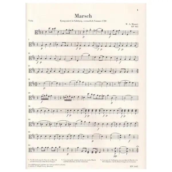 March K. 445 and Divertimento K. 334 for 2 Horns, 2 Violins, Viola and Basso - Partes