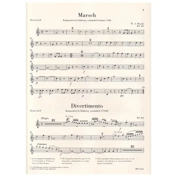March K. 445 and Divertimento K. 334 for 2 Horns, 2 Violins, Viola and Basso - Partes