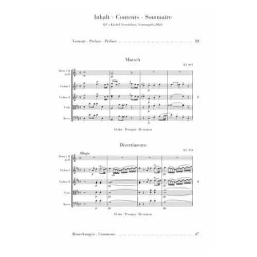 March K. 445 and Divertimento K. 334 for 2 Horns and Strings - Score