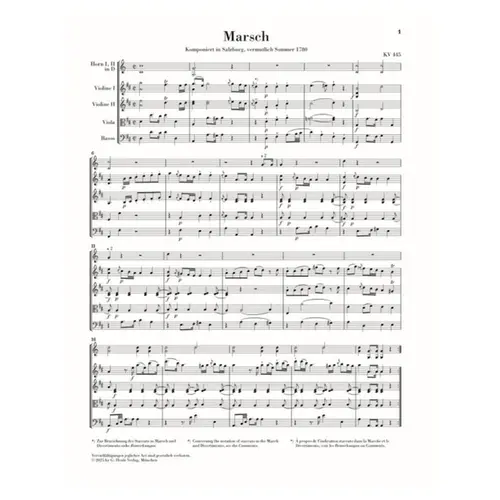 March K. 445 and Divertimento K. 334 for 2 Horns and Strings - Score