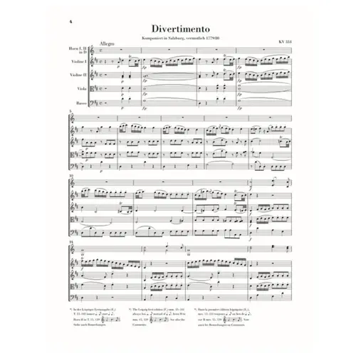 March K. 445 and Divertimento K. 334 for 2 Horns and Strings - Score