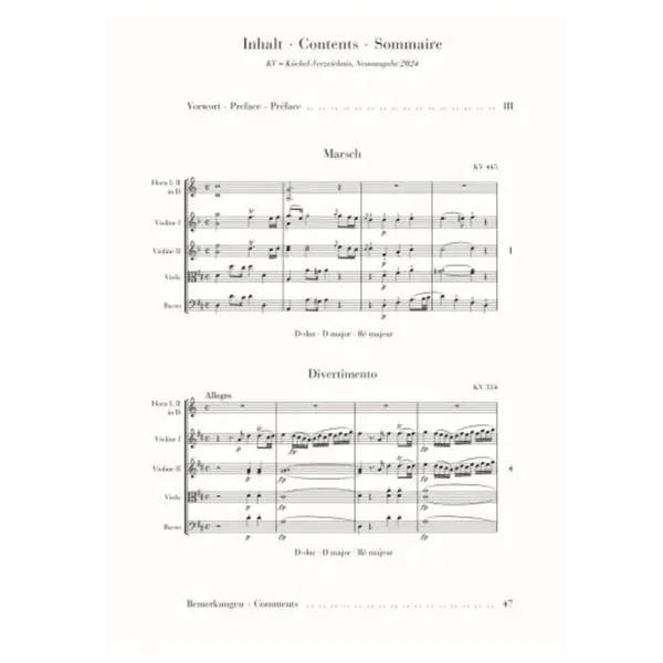 March K. 445 and Divertimento K. 334 for 2 Horns and Strings - Score