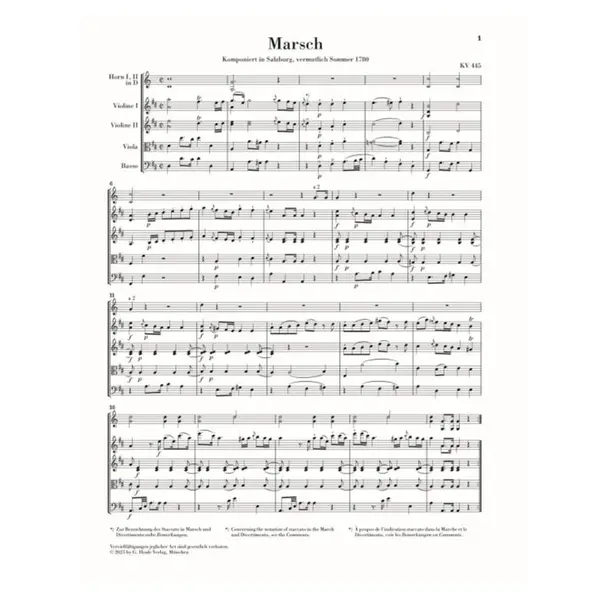 March K. 445 and Divertimento K. 334 for 2 Horns and Strings - Score