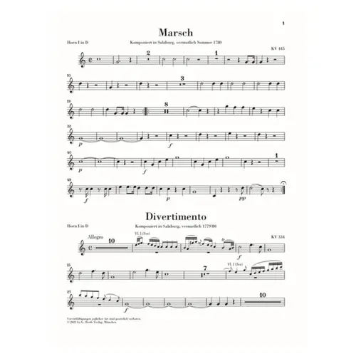 March K. 445 and Divertimento K. 334 for 2 Horns and Strings - partes