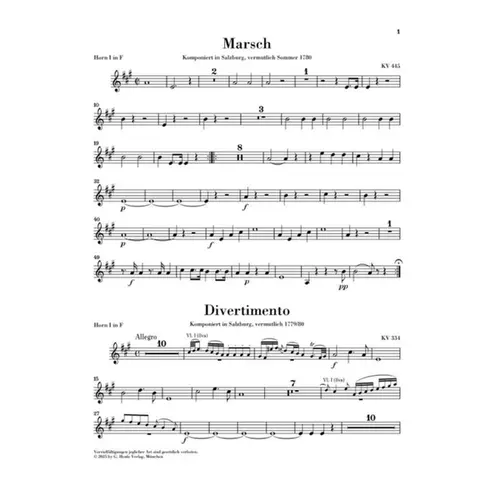 March K. 445 and Divertimento K. 334 for 2 Horns and Strings - partes
