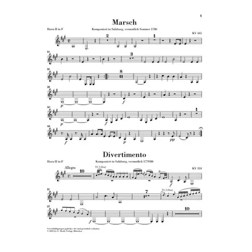 March K. 445 and Divertimento K. 334 for 2 Horns and Strings - partes