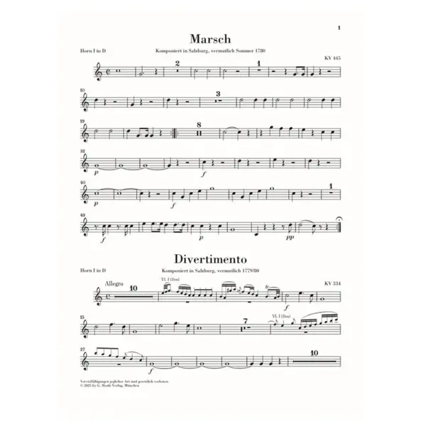 March K. 445 and Divertimento K. 334 for 2 Horns and Strings - partes