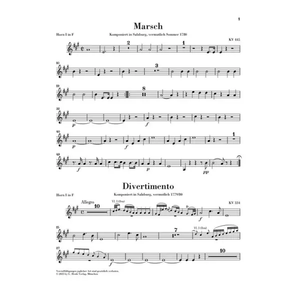 March K. 445 and Divertimento K. 334 for 2 Horns and Strings - partes
