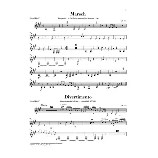 March K. 445 and Divertimento K. 334 for 2 Horns and Strings - partes