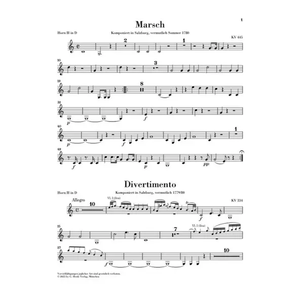 March K. 445 and Divertimento K. 334 for 2 Horns and Strings - partes