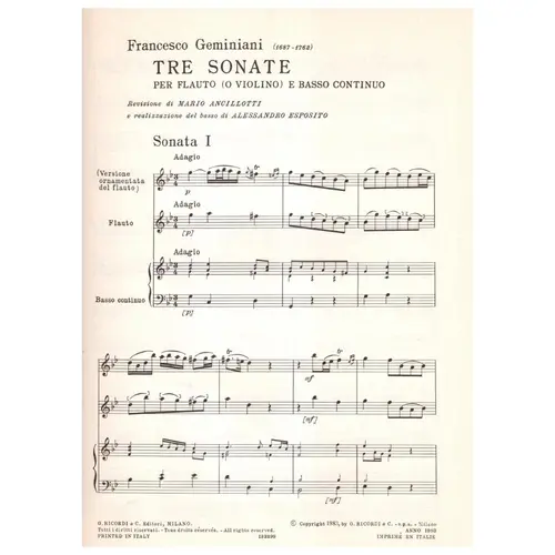 Tre Sonate per flauto (o violino) e basso continuo