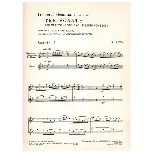 Tre Sonate per flauto (o violino) e basso continuo