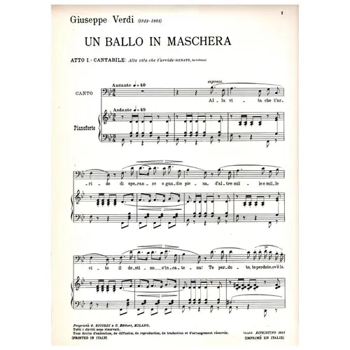 Alla vita che t'arride - baritono - Un ballo in Maschera