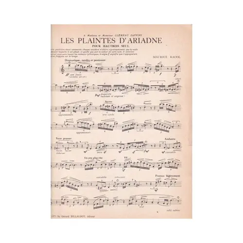 Les Plaintes D`Ariadne  Pour Hautbois  (Edição Antiga)