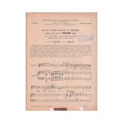 Le Chant Classique N°578 - Récitatif et Célebre Cavatine de Tancredi