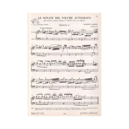Le Sonate Del Volume Autografo per violino e basso continuo
