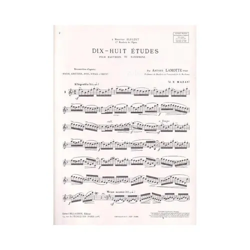 Dix Huit Etudes Pour Hautbois Ou Saxophone