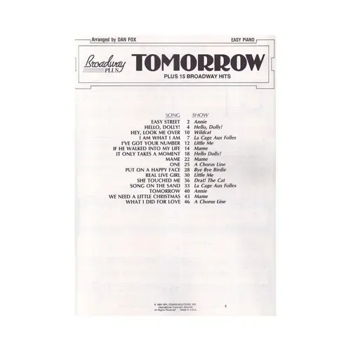Tomorrow Plus 15 Broadway Hits - Easy Piano