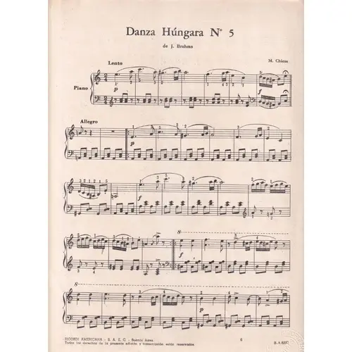 Danza Hungara N.5 para piano  (Chiesa)