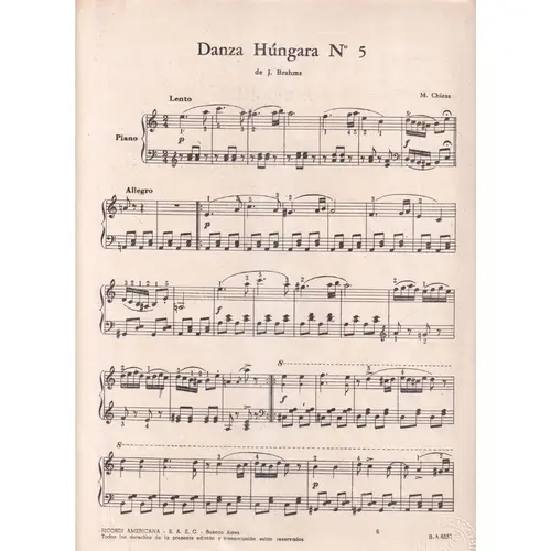 Danza Hungara N.5 para piano  (Chiesa)