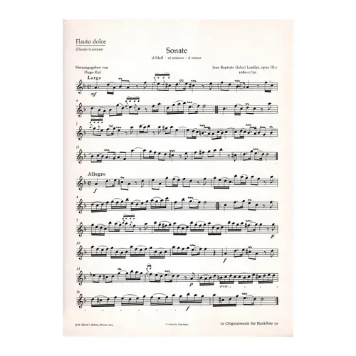 Sonate d moll op. III n. 2 fur Altblockflote und Basso Continuo