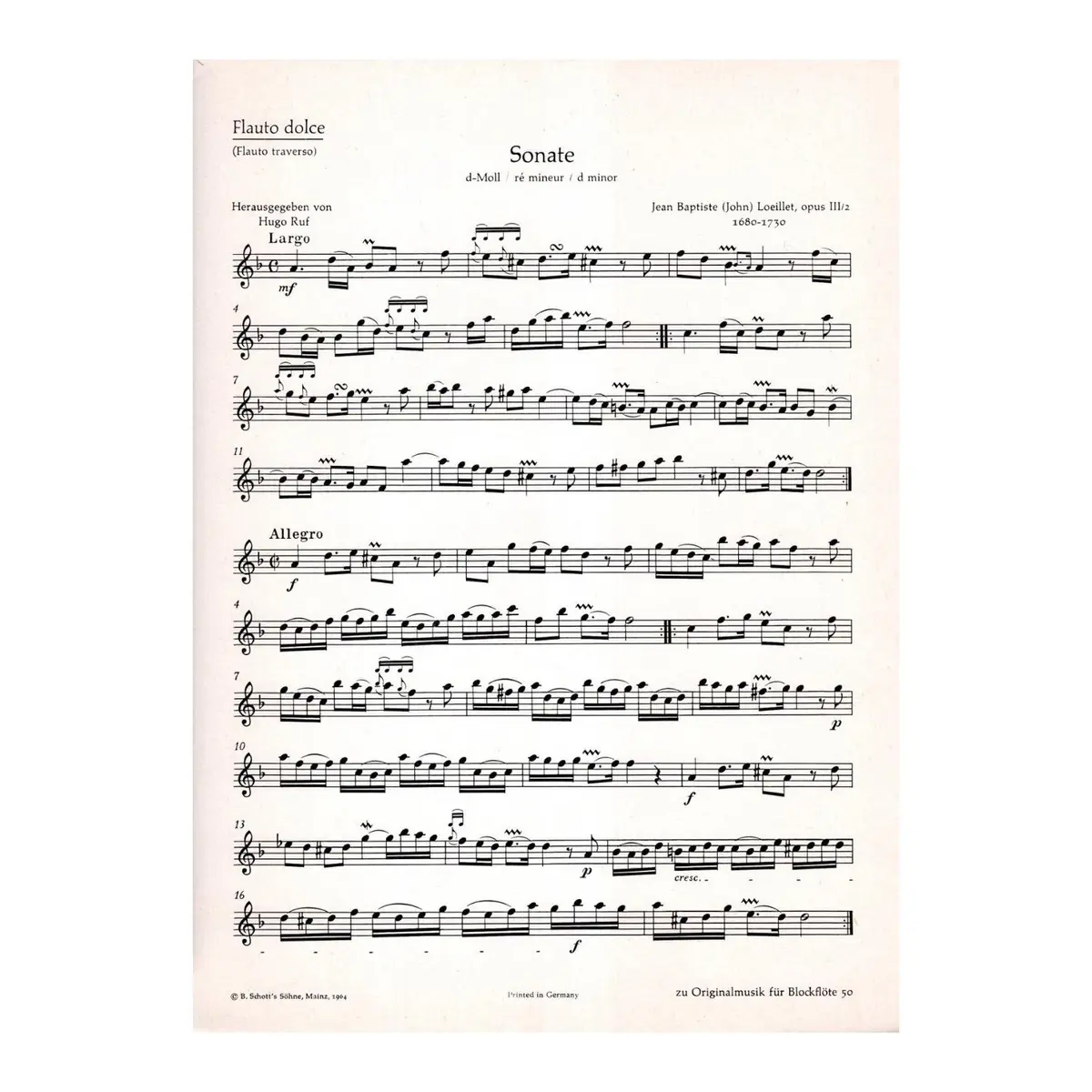 Sonate d moll op. III n. 2 fur Altblockflote und Basso Continuo