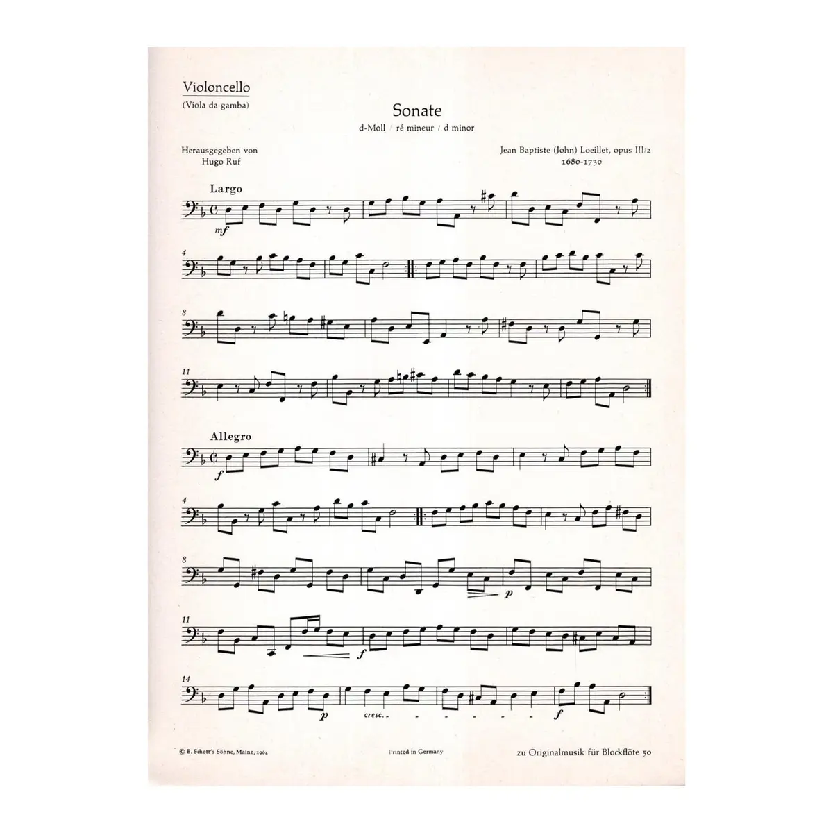 Sonate d moll op. III n. 2 fur Altblockflote und Basso Continuo