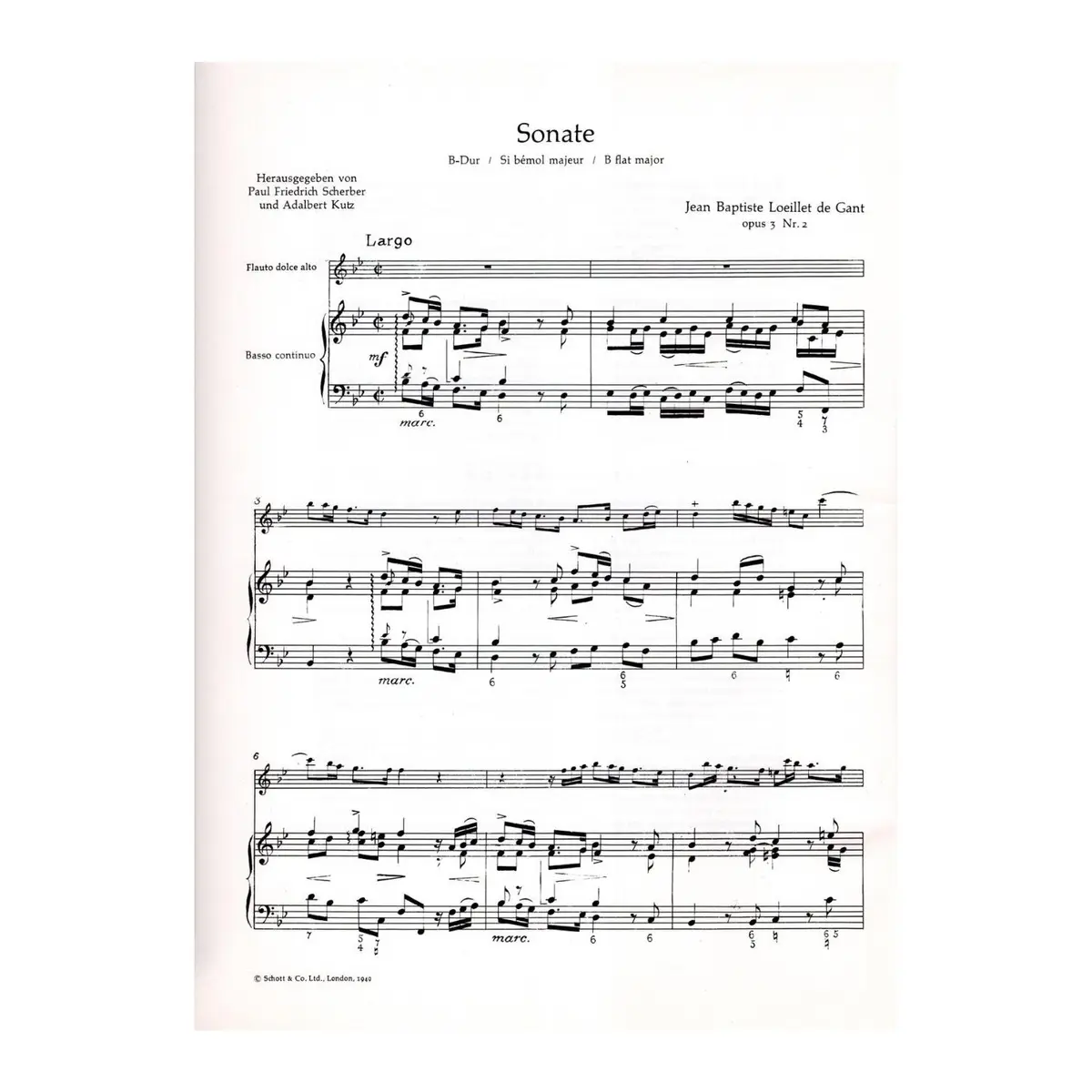 Sonate op. 3 n. 2 B dur fur Altblockflote und Basso continuo