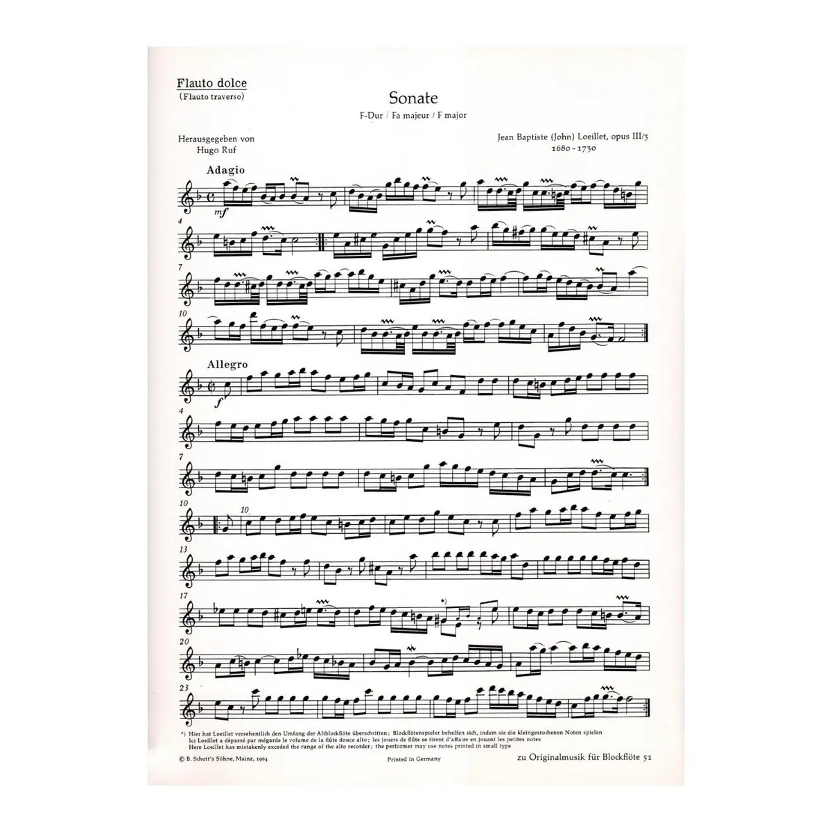 Sonate F Dur fur altblockflote und Basso continuo