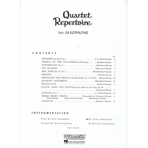 Quartet Repertoire For Sax-Bb Tenor Saxophone
