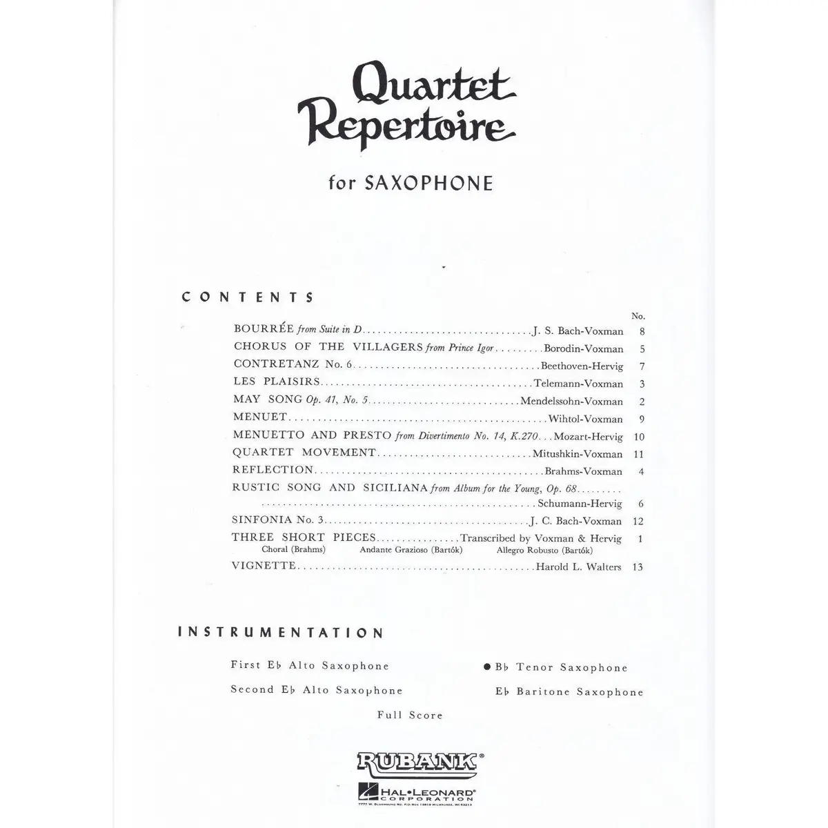 Quartet Repertoire For Sax-Bb Tenor Saxophone