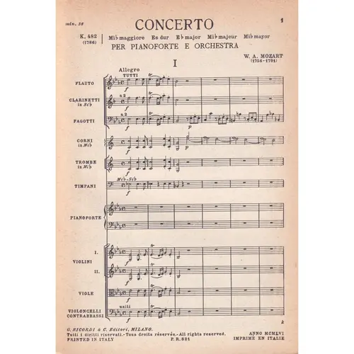 Concerto In Mi B.  Per Piano - Kv 482  (partitura de bolso)