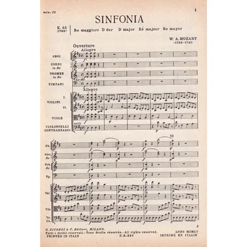 Sinfonia In Re - Kv 45  (partitura de bolso)  (Edição Antiga)