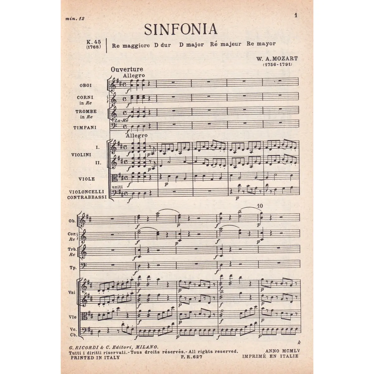 Sinfonia In Re - Kv 45  (partitura de bolso)  (Edição Antiga)