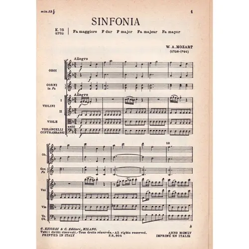 Sinfonia In Fa Maj - Kv 75  (partitura de bolso)