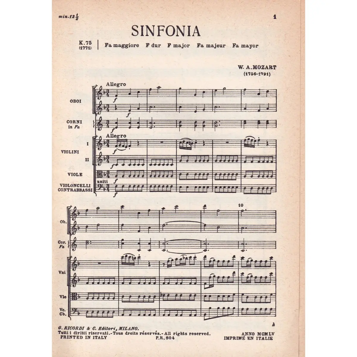 Sinfonia In Fa Maj - Kv 75  (partitura de bolso)