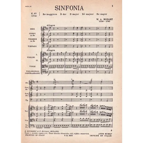Sinfonia In Re - Kv 97 (partitura de bolso)
