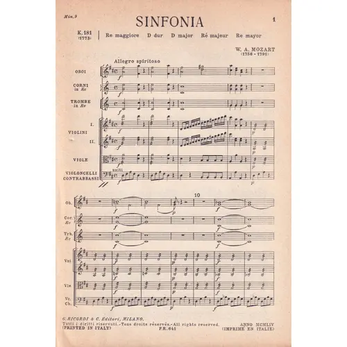 Sinfonia In Re Maj. Kv 181  (partitura de bolso)