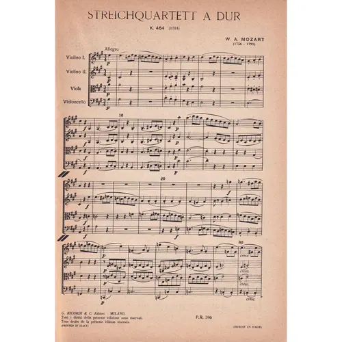 Quartetto Per Archi La Maj - Kv 464  ( study score )