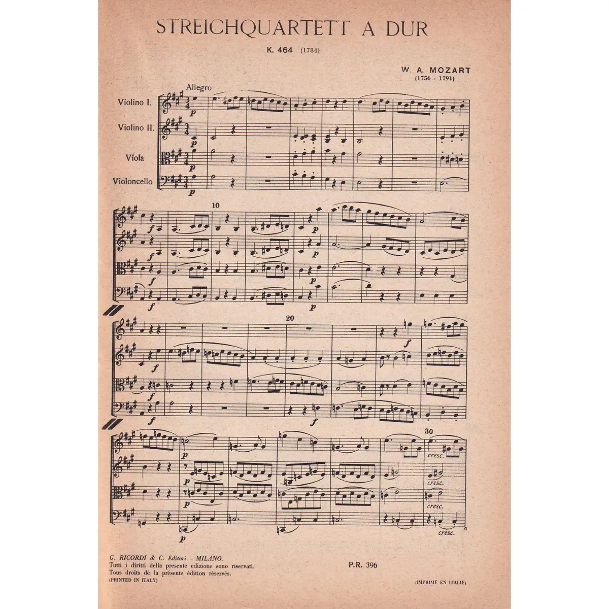 Quartetto Per Archi La Maj - Kv 464  ( study score )