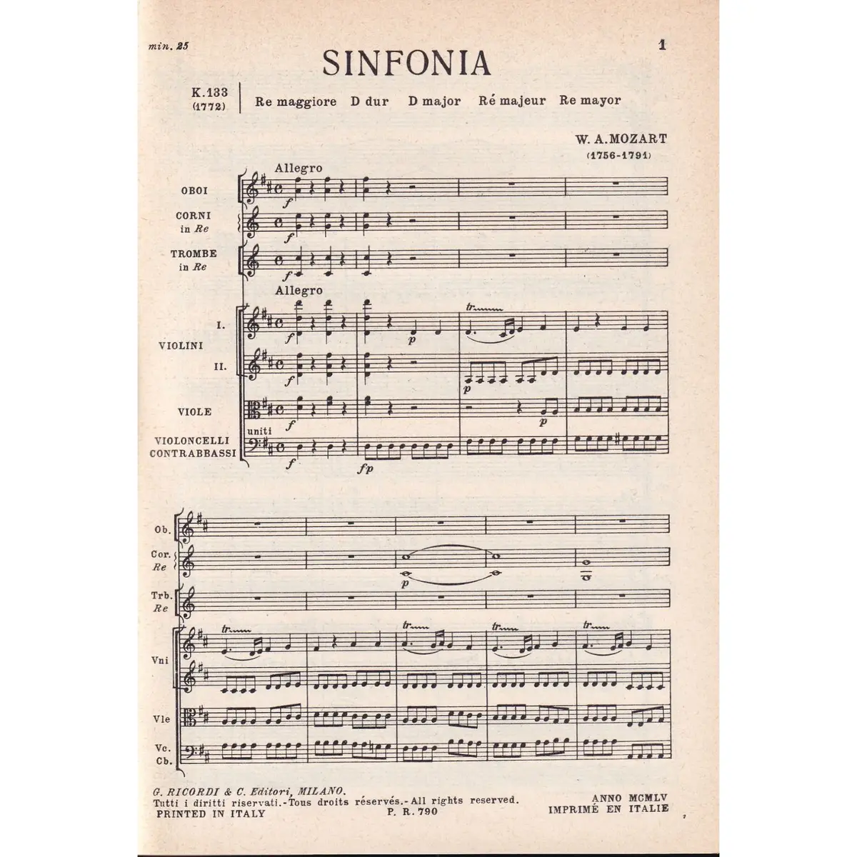 Sinfonia In Re Mag. - Kv 133  ( study score )
