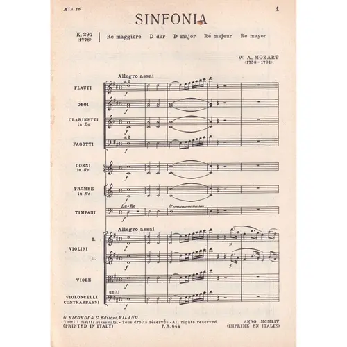 Sinfonia In Re Maj. - Kv 297  ( study score )  (Edição Antiga)