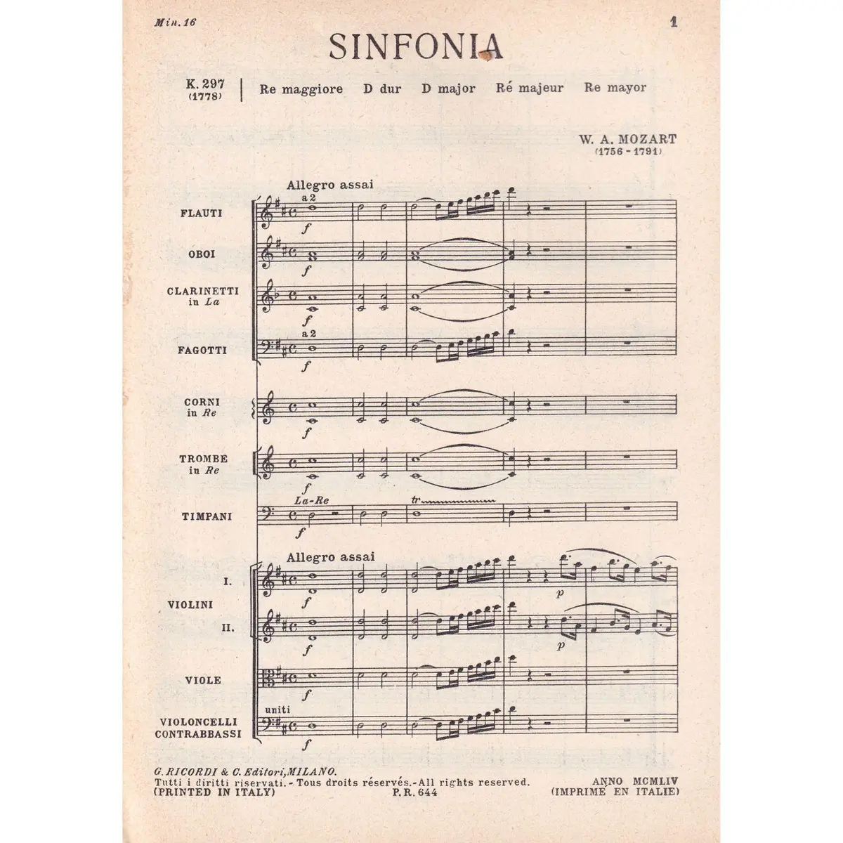 Sinfonia In Re Maj. - Kv 297  ( study score )  (Edição Antiga)
