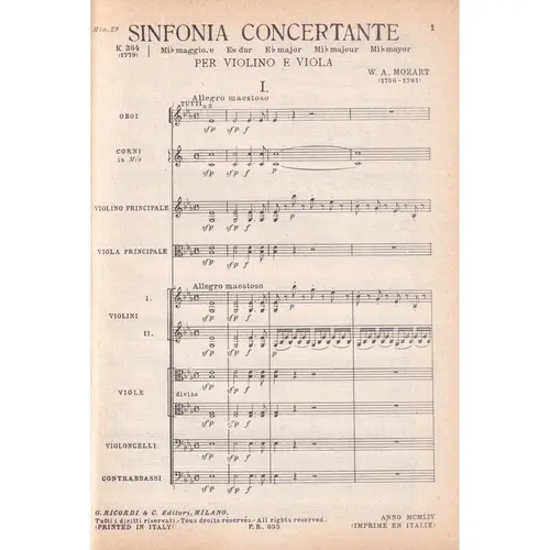 Sinfonia Concertante In Mi B - Kv 364  - Study Score