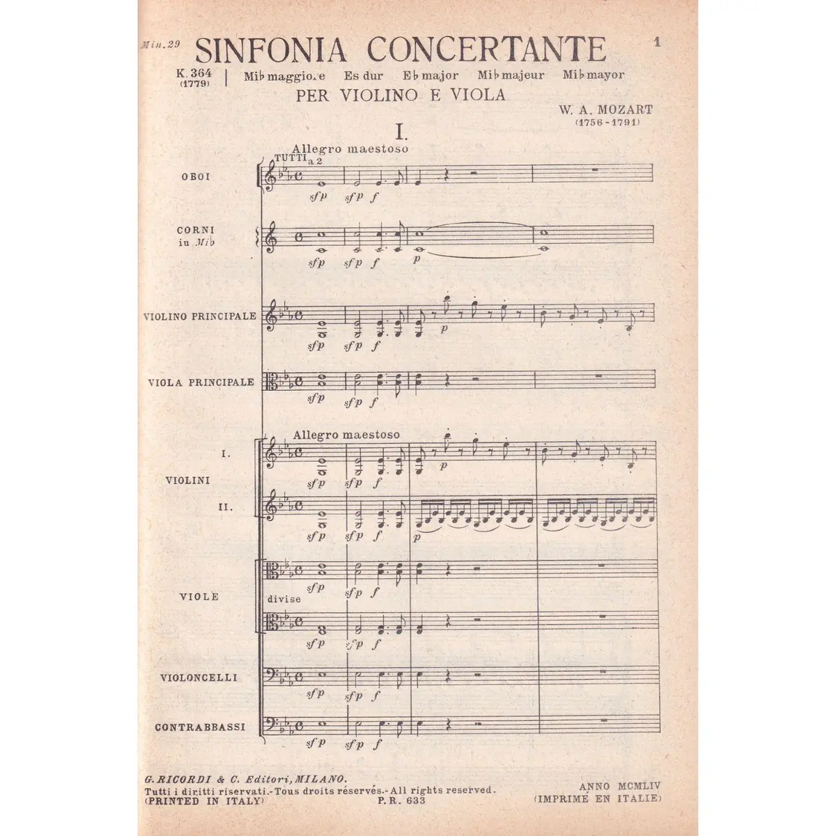 Sinfonia Concertante In Mi B - Kv 364  - Study Score