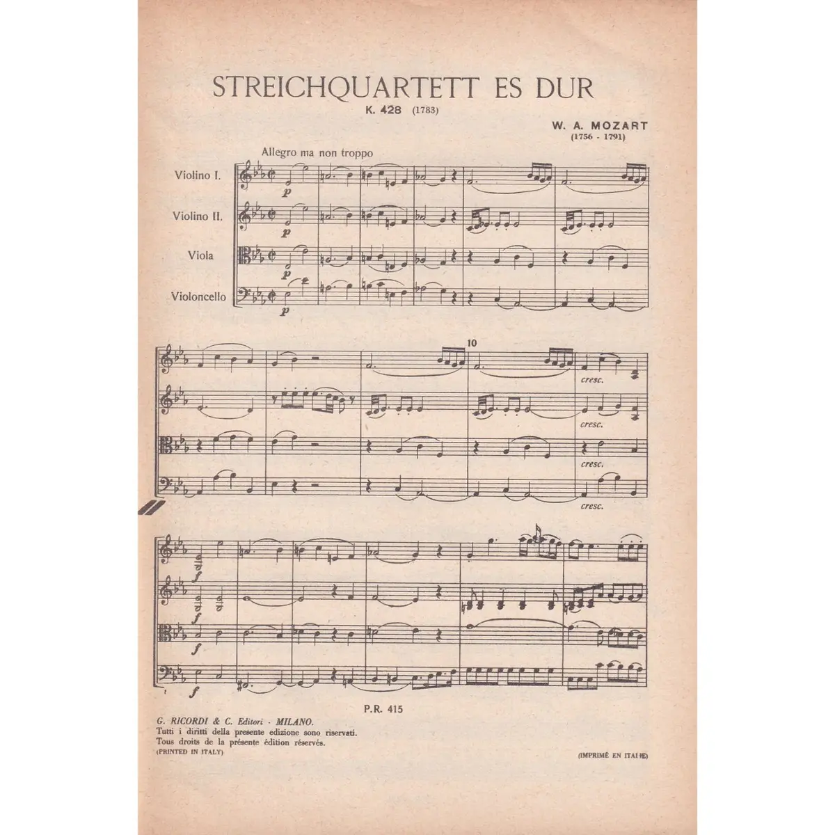 Streichquartett Es Dur - Kv 428  ( study score )
