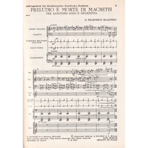 Preludio E Morte Di Macbeth Per Baritono ( study score )