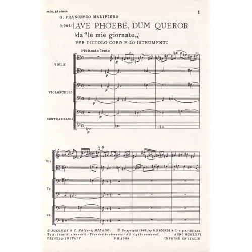 Ave Phoebe, Dum Queror Per Coro E..  ( study score )