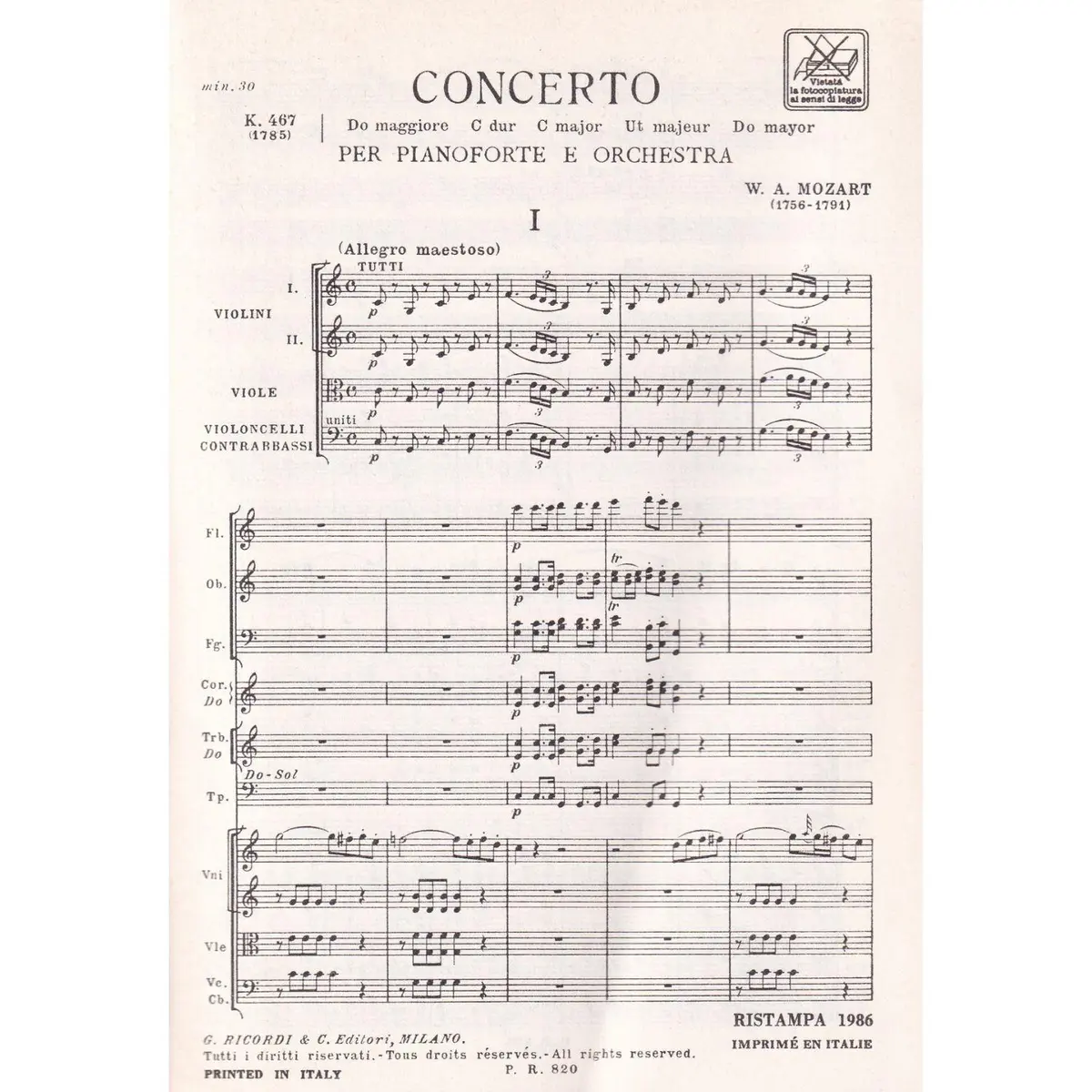 Concerto In Do Per Piano - Kv 467  ( study score )