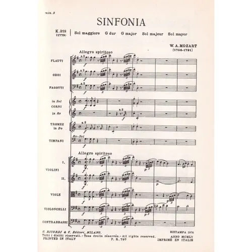 Sinfonia In Sol - Kv 318  ( study score )